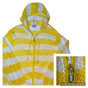 Quacker Factory Swimsuit Cover Up Crochet Sweater White Yellow Stripe Knit Sz 3X